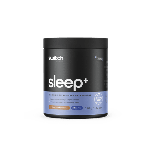 Switch Nutrition Sleep+ Magnesium, Relaxation & Sleep Support Supplement in Chocolate Flavor, 240g (30 Serves). Helps reduce anxiety, improve mood, and promote healthy sleep. Black container with a minimalist design.