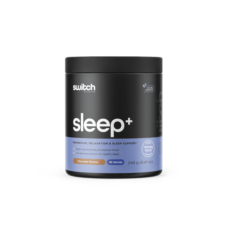 Switch Nutrition Sleep+ Magnesium, Relaxation & Sleep Support Supplement in Chocolate Flavor, 240g (30 Serves). Helps reduce anxiety, improve mood, and promote healthy sleep. Black container with a minimalist design.