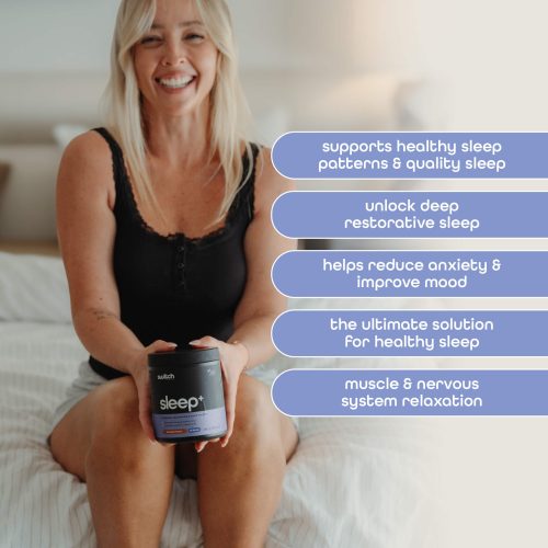 switch nutrition smiling woman holding sleep beside product benefits